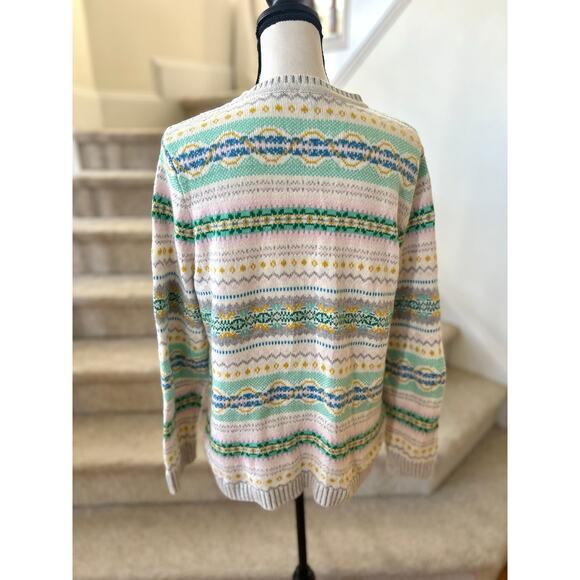Talbots White & Green Fair Isle Striped Crewneck Sweater - Picture 3 of 6